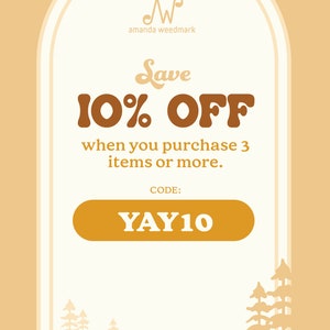 May include: A retro-style discount coupon with a white background and a brown archway. The text reads "Save 10% OFF when you purchase 3 items or more. CODE: YAY10".
