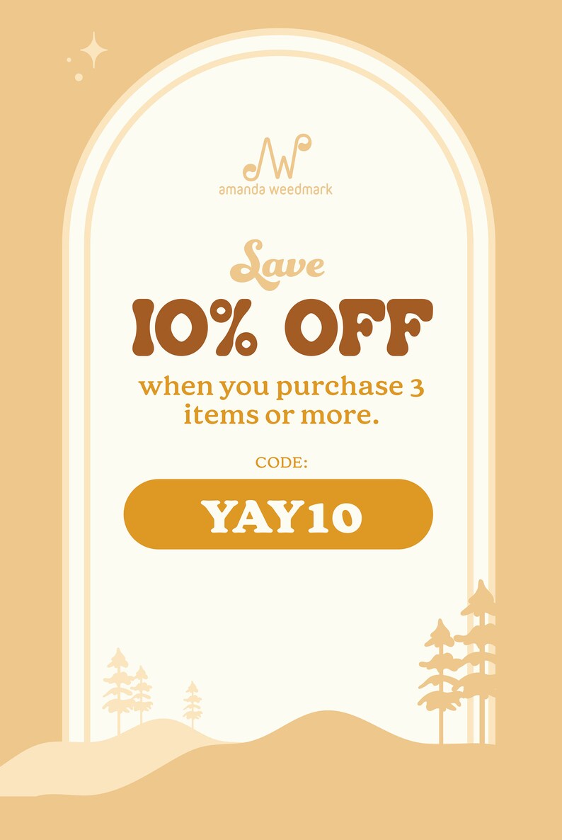 May include: A retro-style discount voucher with a white background and a brown archway. The text reads "Save 10% OFF when you purchase 3 items or more. CODE: YAY10".