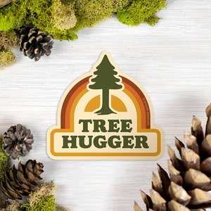 Tree Hugger Sticker, Retro Sticker for Tree Lovers, Environmental Nature Sticker, Water Bottle Sticker, Gifts under 5 TH2 image 1