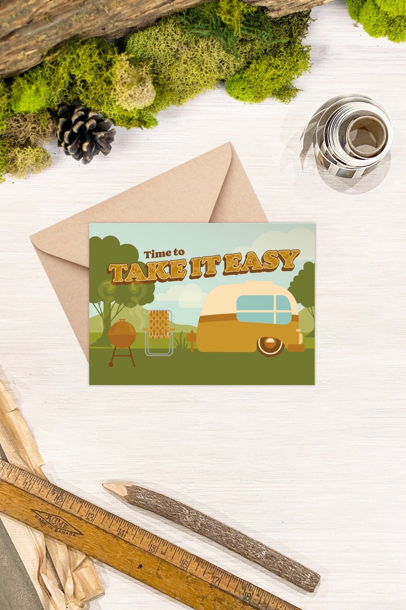 Outdoor Birthday Camping Card, Take it Easy Retro Bday Greeting Card, Picnic Party, Adventure Lover Glamper Blank Card, Get Well Soon GC51 image 1