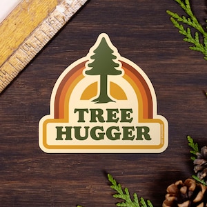 Tree Hugger Sticker, Retro Sticker for Tree Lovers, Environmental Nature Sticker, Water Bottle Sticker, Gifts under 5 TH2 image 1