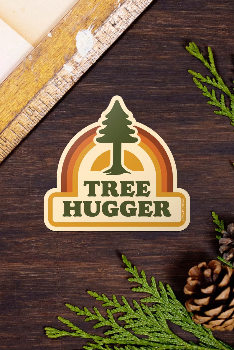 Tree Hugger Sticker, Retro Sticker for Tree Lovers, Environmental Nature Sticker, Water Bottle Sticker, Gifts under 5 TH2 image 1
