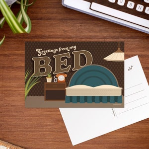 Carte postale de lit, visite à l'hôpital, cadeau de confinement, chambre à coucher, courrier postal, s'amuser en quarantaine, cadeau pour une personne casanière, cartes postales de voyage, illustration rétro [PC5]