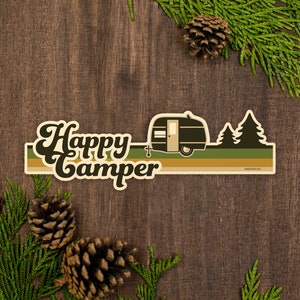 Trailer Bumper Sticker, Happy Camping 70s Aesthetic Car Sticker, Outdoor Sticker, Glamper Gift [BS6]