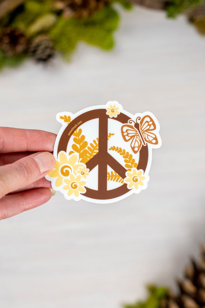 Peace Sign Sticker, Hippie Vinyl Sticker, Floral Laptop Sticker, Groovy Gardener Gift, Retro Stickers, Boho Nature Sticker PSN1 image 3