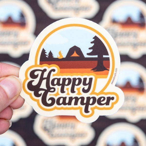 Stickers campeur heureux, Stickers camping aventure, Sticker bouteille d'eau, Stickers plein air, Stickers bagage, cadeau Wanderlust HC1