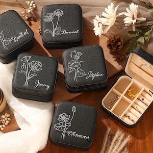 Gepersonaliseerde geboortebloem reissieradendoos, gegraveerde sieradendoos, bruidsmeisje cadeau, bruidsfeest cadeau voor haar, cadeau voor moeder, vriend, meisjes