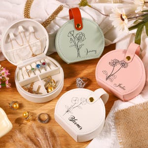 Portagioie da viaggio personalizzato con fiori di nascita, portagioie personalizzato, regalo per damigelle d'onore, regalo per proposta di matrimonio, regalo per lei, regali di nozze