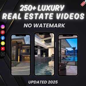 May include: Three images of luxury homes with pools. The first image shows the front of a modern home with a garage. The second image shows a pool with a modern home in the background. The third image shows a pool with a modern home in the background. The text "250+ LUXURY REAL ESTATE VIDEOS NO WATERMARK UPDATED 2025" is at the top of the image.