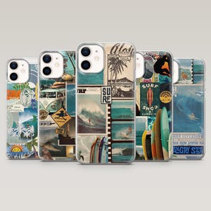 May include: Five clear phone cases with surf-themed collages. Each case displays images of surfers, waves, and surfboards, with retro text like "SURF" and "SHOP & SUPPLY". The cases have a vintage, beachy aesthetic, evoking a sense of nostalgia.