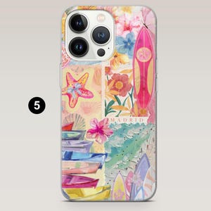 May include: A clear phone case featuring a colorful collage of a starfish, flowers, surfboards, and boats. The word "MADRID" is visible. The case has a clear border and a black number 5 in a circle.