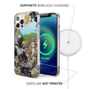 May include: A clear phone case with a medieval knight design. The case features a detailed illustration of a knight, castle, and flowers. The phone screen displays a charging symbol. Text on the image reads: "SUPPORTS WIRELESS CHARGING" and "SIDES ARE NOT PRINTED."