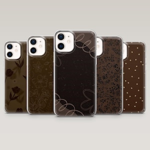 May include: Five phone cases with diverse brown floral and abstract patterns. The cases have clear edges and feature designs such as tulips, hibiscus, and swirling lines, providing a stylish appearance.