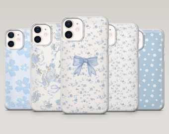 Baby Blue Phone Case Cute Daisy Rose Ribbon Cover for iPhone 17, 16, 15, 14, 13, 12, Samsung S25, S24, S23, S22, A16, A26, A56, Pixel 10, 9