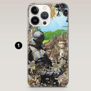 May include: A phone case featuring a collage design with a knight, castle, flowers, and a sun. The case has a clear border and a textured background with newspaper clippings. The knight is in armor, and the flowers are white and purple.