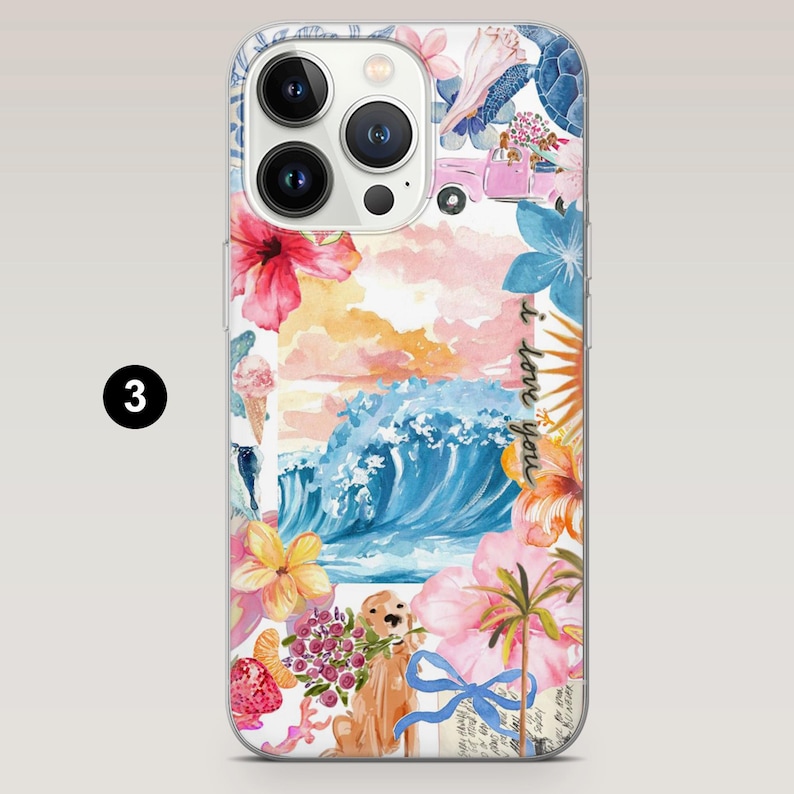 May include: A clear phone case featuring a watercolor design with a beach theme. The design includes a large ocean wave, sunset, flowers, a dog, and the text "I love you".