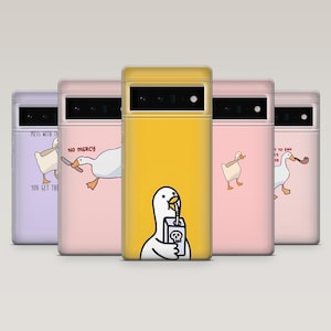 May include: Five different phone cases with a cartoon goose design. The cases are in various colors, including yellow, pink, and purple. The goose is depicted in different poses, including holding a knife, drinking milk, and smoking a pipe. The text on the cases includes "No Mercy", "Mess with the Goose, You Get the Juice", and "I'm Not to End This As A Goose".