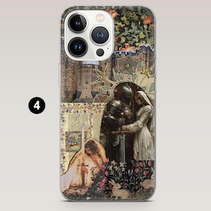 May include: A clear phone case featuring a collage of medieval art. The design includes a knight in armor, a woman in a white gown, a castle, and floral patterns. A sword is held by a figure in a white robe. The number "4" is in a black circle.
