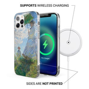 May include: A clear phone case with a painting of a woman in a field holding an umbrella. The case is compatible with wireless charging and the text "75% Charged" is displayed on the phone screen. The sides of the case are not printed.