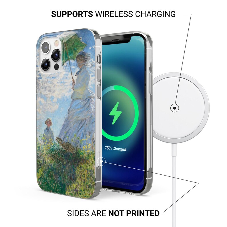 May include: A clear phone case with a painting of a woman in a field holding an umbrella. The case is compatible with wireless charging and the text "75% Charged" is displayed on the phone screen. The sides of the case are not printed.