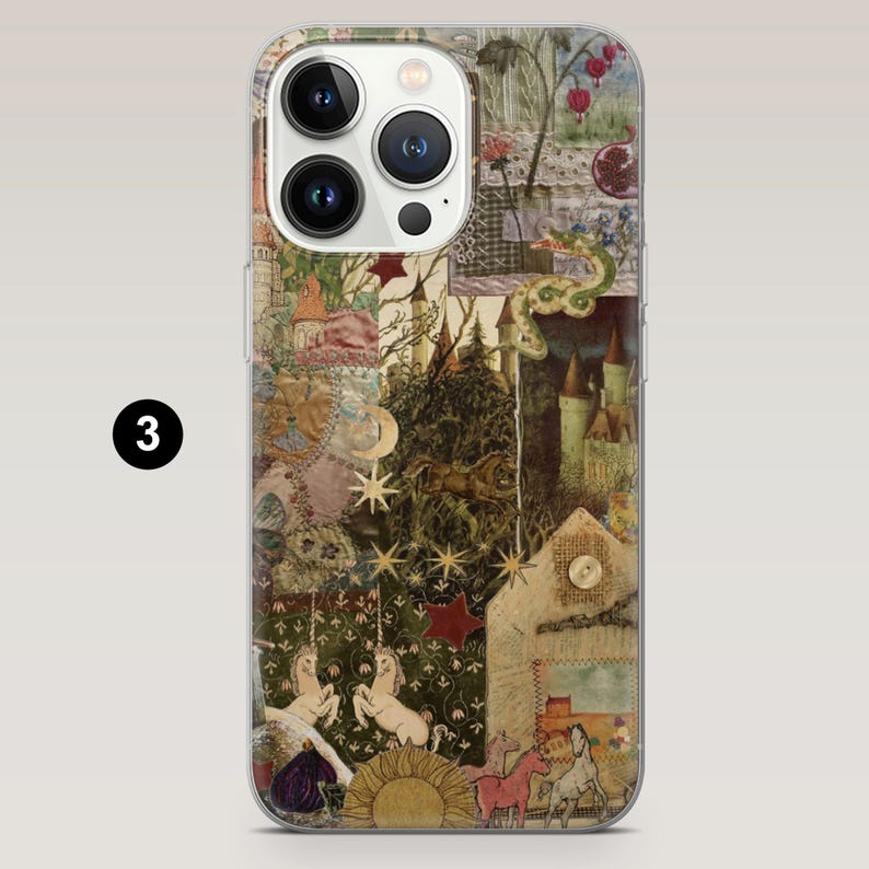 May include: A clear phone case with a collage design featuring castles, unicorns, stars, and a sunflower. The case has a variety of colors, including green, pink, and gold. The number "3" is printed in a black circle on the top left of the case.
