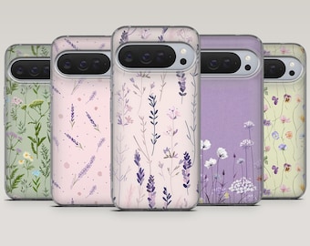 May include: Five phone cases with floral designs. The cases feature a variety of pastel colors, including green, pink, and purple. Each case has a unique pattern of flowers and leaves, creating a cohesive yet diverse set.
