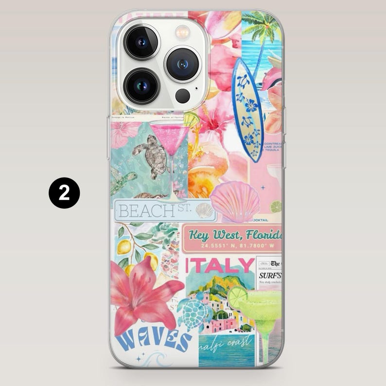 May include: A clear phone case featuring a collage of tropical imagery. The design includes a surfboard, flowers, a seashell, and the text "Beach St.", "Key West, Florida", and "Italy". The case is designed to fit a smartphone.
