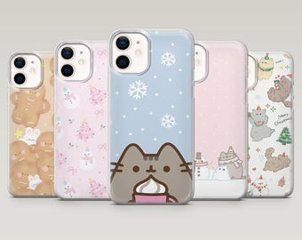 Kawaii kerst telefoonhoesje Cute Cat Xmas Cover voor iPhone 17Pro, 16, 15, 14, 13, 12, Samsung S25, S24, S23Fe, S22, A17, A26, Pixel 10, 9