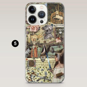 May include: A clear phone case featuring a medieval tapestry design. The design includes images of a knight, a castle, a unicorn, and text that reads "princess and knight". The case has a glossy finish and a protective bumper.