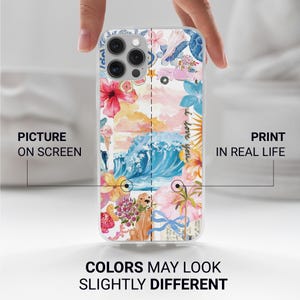 May include: Clear phone case with a colorful floral and ocean-themed design. The case features a split design with the text "Picture on Screen" and "Print in Real Life". The text "I love you" is also visible. The text "Colors may look slightly different" is at the bottom.