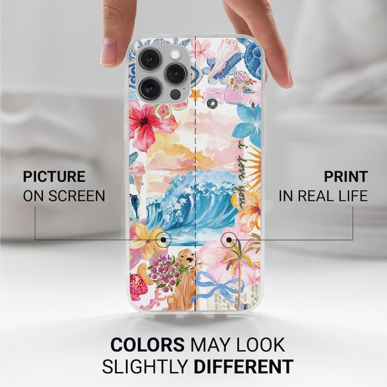 May include: Clear phone case with a colorful floral and ocean-themed design. The case features a split design with the text "Picture on Screen" and "Print in Real Life". The text "I love you" is also visible. The text "Colors may look slightly different" is at the bottom.
