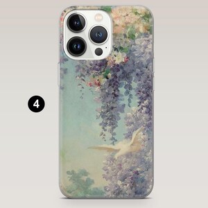 May include: A clear phone case with a floral design featuring a white bird flying through a cluster of purple and pink flowers. The case has a camera lens cutout.