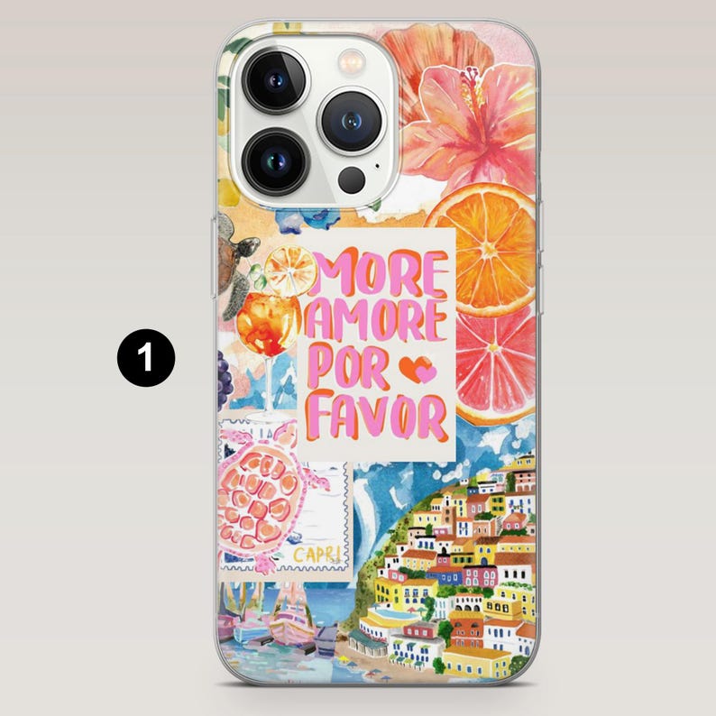 May include: Clear phone case with a colorful design featuring the text "MORE AMORE POR FAVOR". The case includes illustrations of a hibiscus flower, orange slices, a turtle, and a coastal town.