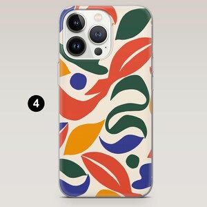 May include: A smartphone case with a colorful abstract design. The case features a cream background with red, green, blue, and orange leaf-like shapes. The case has a clear border and a camera cutout.