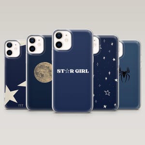 Coque bleu marine Moon Spider Star Luck pour iPhone 16 Pro, 15, 14, 13, 12, Samsung S25, S24, S23Fe, S22, A16, A55, Pixel 9Pro, 8A