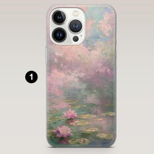 May include: A clear phone case with a pastel painting of water lilies. The artwork shows pink and purple flowers with green lily pads on the water. The case has a glossy finish.
