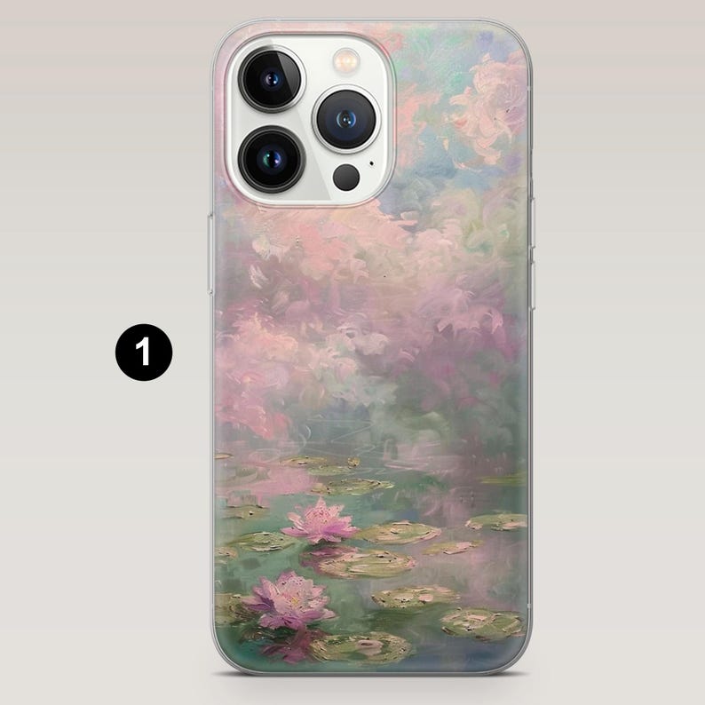 May include: A clear phone case with a pastel painting of water lilies. The artwork shows pink and purple flowers with green lily pads on the water. The case has a glossy finish.