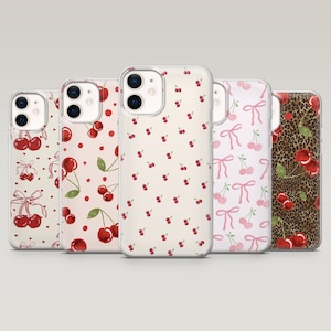 Coque de portable cerise Coquette fruits rouges et coeurs pour iPhone 16 Pro, 15, 14, 13, 12, Samsung S25+, S23Fe, S24Ultra, S22, A16, A55, Pixel 9Pro