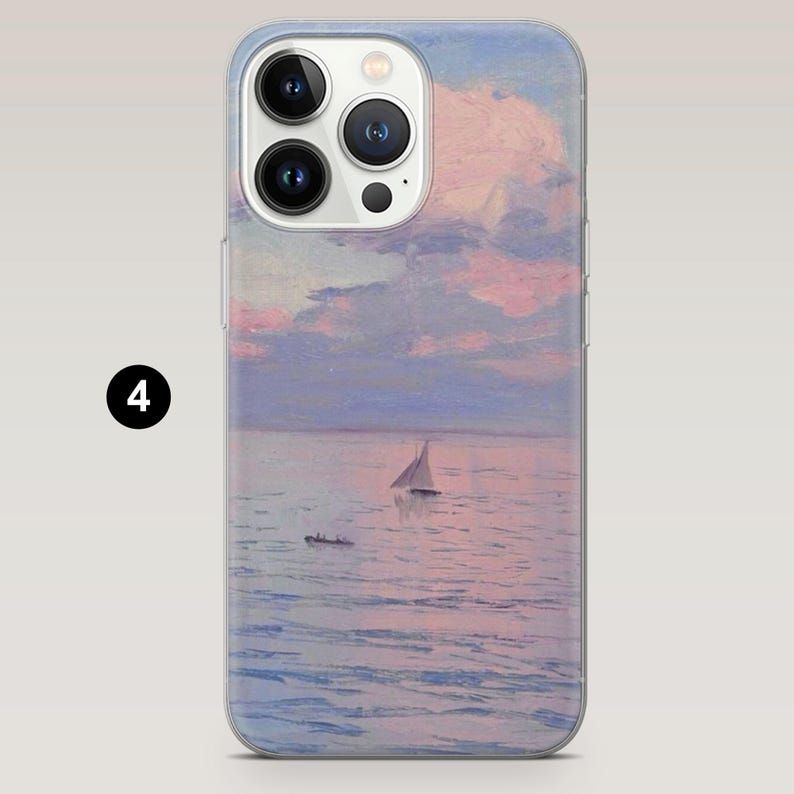 May include: A phone case with a seascape painting, showing a sailboat on the water beneath a cloudy sky. The artwork uses soft pastel colours of pink, blue, and white. The case has a clear border and a camera cutout.