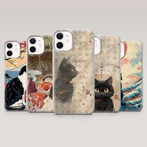 Japanese Cat Phone Case Japan Black Cat Cover for iPhone 16 Pro, 15, 14, 13, 12, Samsung S25, S24, S23, S22, A16, A55, A25, Pixel 9Pro,8A