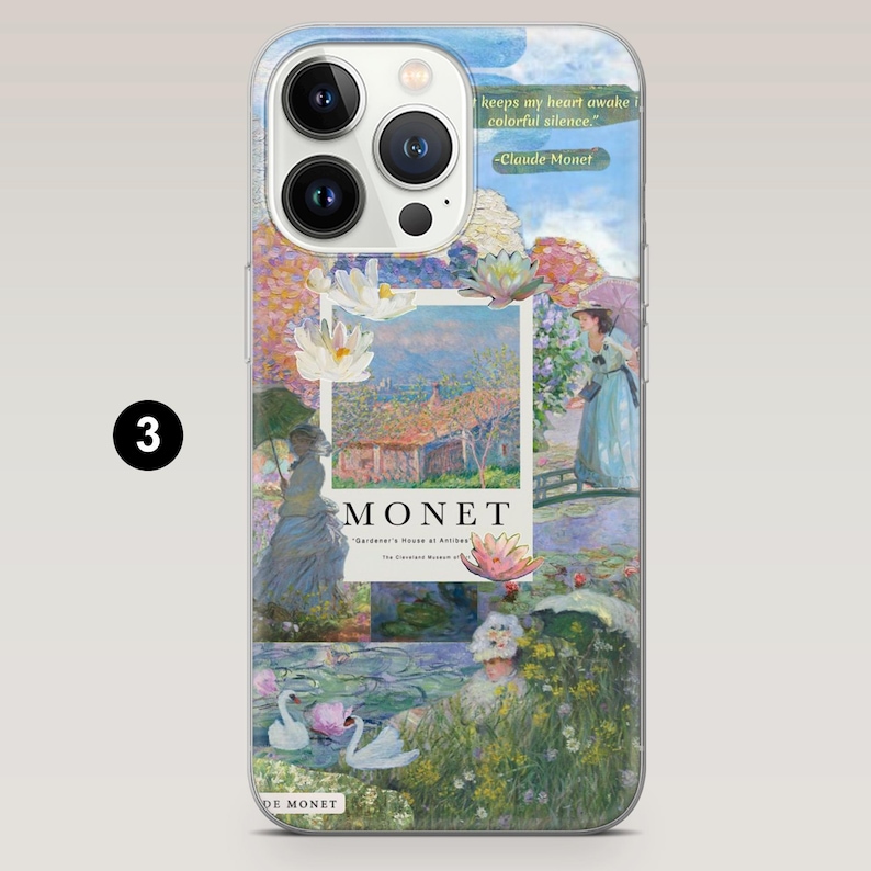 May include: A phone case with a collage of images featuring water lilies, a house, and a woman in a blue dress. The case has a white background and the text "MONET" in black letters. The quote "keeps my heart awake in colorful silence - Claude Monet" is also included.
