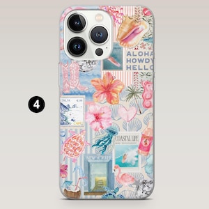 May include: A phone case with a collage design featuring a seashell, pink cowboy boots, a hibiscus flower, a turtle, and the words "Aloha Howdy Hello". The case has a light blue and pink color scheme.