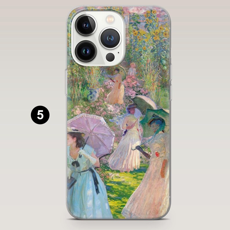 May include: A phone case with a colorful painting of women in a garden with umbrellas. The painting is in a style reminiscent of Impressionism.