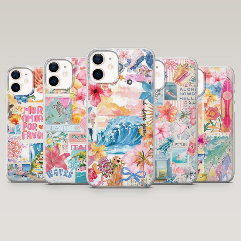 May include: Five clear phone cases with colorful beach-themed designs. Each case features floral patterns, ocean waves, and text like "Waves" and "Coastal Life." The designs incorporate pink, blue, and yellow hues.