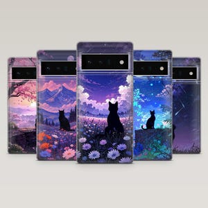 May include: Five phone cases with landscape art featuring a black cat silhouette. The cases display scenes of mountains, flowers, and starry skies in shades of purple, blue, and pink. The cases have a glossy finish.