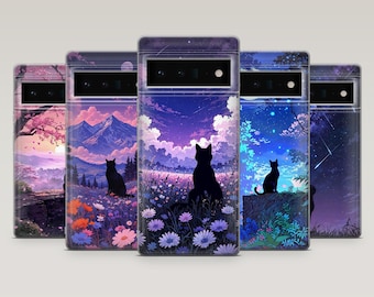 Svart katttelefonskal Night Sky Nature för Google Pixel 10, 10Pro, 9, 9Pro, 8A, 8, 7A, 6A, Samsung S25, S24Fe, S23, A16, iPhone 17, 16