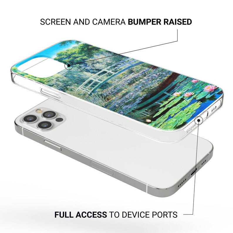 May include: A clear phone case with a raised edge around the camera and screen. The case has a colorful image of a bridge over a pond with lily pads. The text "SCREEN AND CAMERA BUMPER RAISED" is at the top of the image and the text "FULL ACCESS TO DEVICE PORTS" is at the bottom of the image.