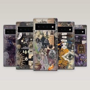 May include: A collection of five phone cases with a collage design. Each case features a unique arrangement of mystical and witchy imagery, including moons, eyes, butterflies, and text. The color palette includes shades of purple, beige, and gold.
