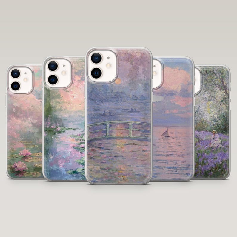 May include: Five clear phone cases displaying impressionist art. The cases feature paintings of water lilies, a bridge over water, a sailboat, and a lavender field. The art uses a soft, pastel colour palette.