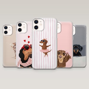 Könnte beinhalten: Fünf iPhone-Hüllen mit Dackel-Designs. Die Hüllen zeigen verschiedene Illustrationen, darunter einen Hund mit Sonnenbrille, einen Ballerina-Hund und einen Hund mit Schleife. Die Hüllen haben transparente, rosa und gestreifte Hintergründe.